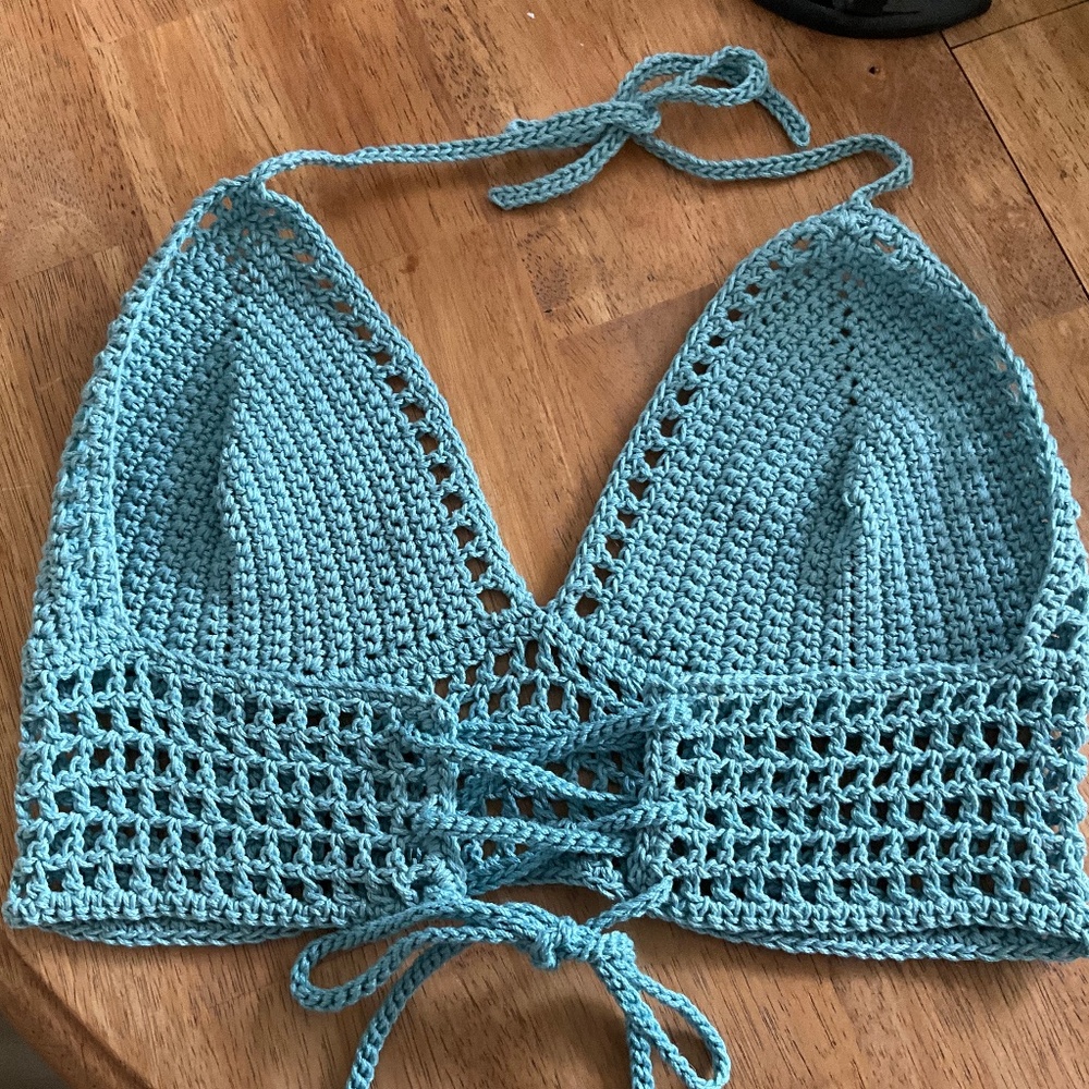 Handmade Halter Crochet Mesh Bikini Boho Bralette Off the shoulder Crop Top - Picture 5 of 10